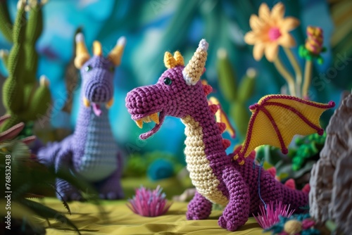 crocheted toy dragon in fantasy play scene