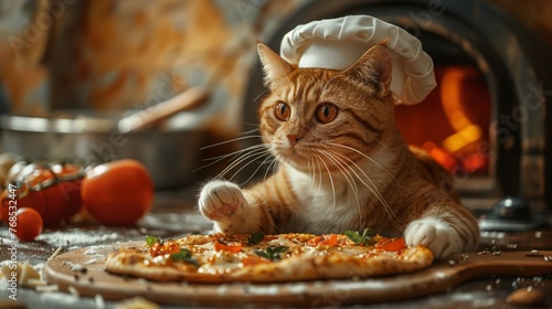 Chef Cat Baking Pizza: Picture a cat sliding a pizza into a stone oven, wearing a chef's hat and apron, against a light pastel orange background.