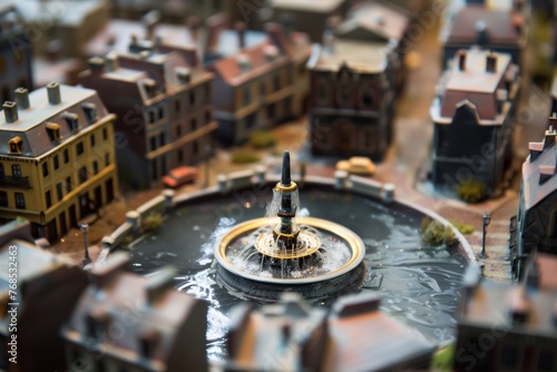 tiny urban model with working miniature fountain centerpiece