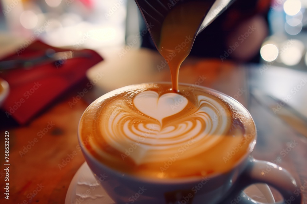 latte art demonstration, a heart being poured on the public table - obrazy, fototapety, plakaty 