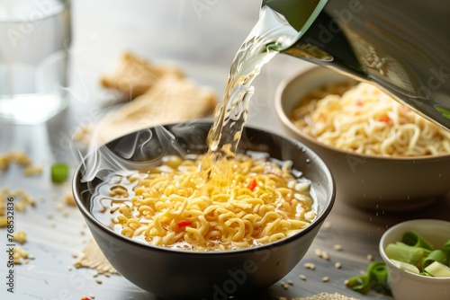 individual pouring hot water in bowl for instant noodles photo