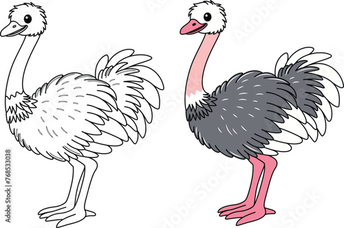 Cute kawaii ostrich in the farm isolated on white background cartoon character coloring page vector illustration