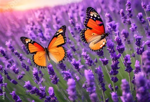 Colorful butterflies in lavender field. © Ehtisham