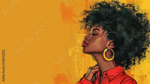 Illustration of an afro woman on a yellow background with copy space for text. International Afro American Women s Day concept