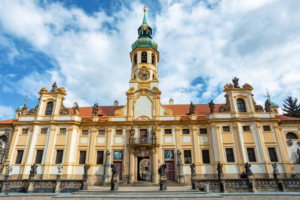 Loreta Monastery, pilgrimage destination in Hradcany, district of Prague. Cloister, the church of the Lords Birth, the Santa Casa and clock tower with famous chime. Central Bohemia, Czech Republic