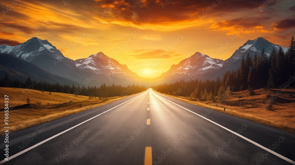 Breathtaking sunset over a mountainous landscape and open road