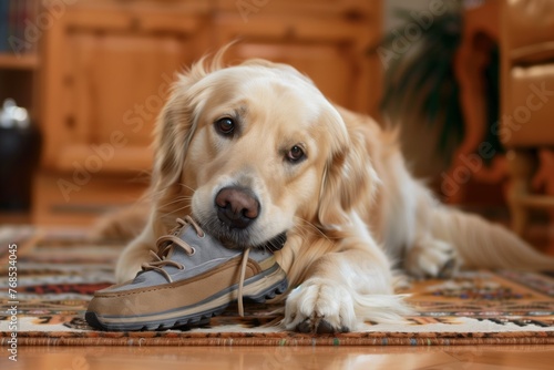 golden retriever lying on a rug with a shoe in its mouth