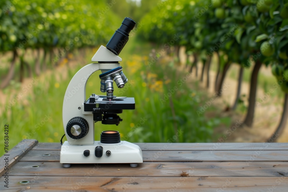 microscope on wooden bench, focused viewer, orchard rows gently blending microscope on wooden bench, focused viewer, orchard rows gently blending