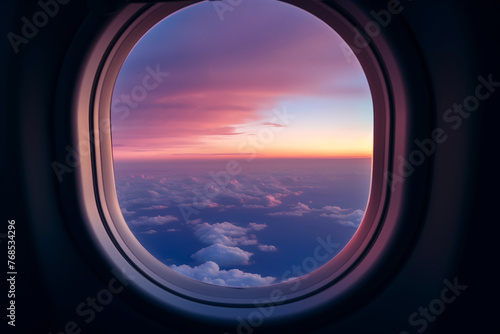 View from Airplane Window of a Breathtaking Sunset Sky  Tranquil Journey above the Clouds  Wanderlust and Air Travel Experience