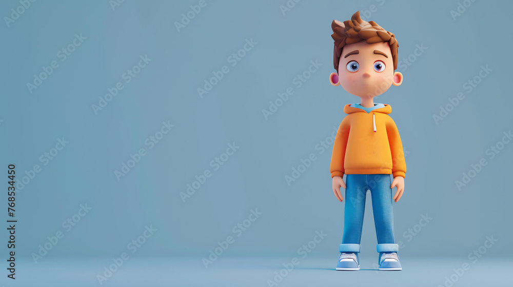3D rendering of a cute cartoon boy wearing a hoodie and jeans. The boy ...