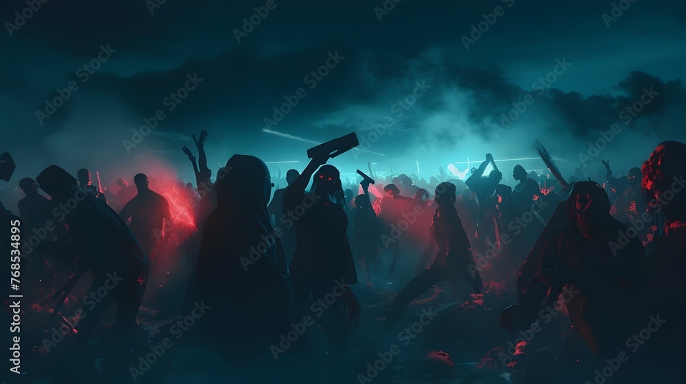 Futuristic Silhouetted Crowd Carrying Weapons in Ominous Nighttime Chaos - obrazy, fototapety, plakaty 