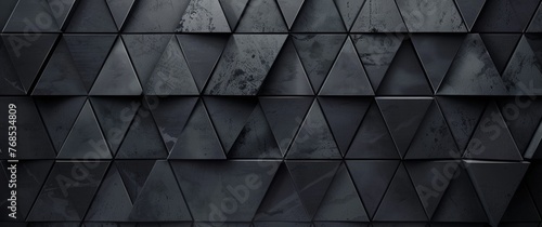 Abstract black geometric background with triangle pattern, seamless texture. Modern wallpaper design for banner, poster or packaging. Dark gray metal triangles on grunge wall backdrop