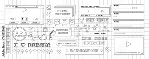 Big contour set of korean drama stickers in trendy y2k style. Old computer aesthetics from the 90s, 00s. Vector illustration for coloring