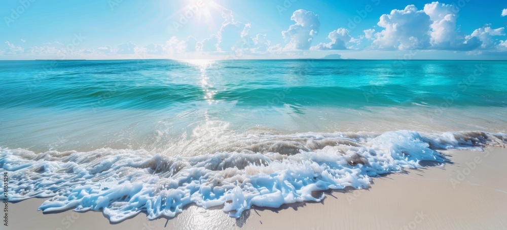 serene beach with crystal clear turquoise water and white sand under the bright blue sky