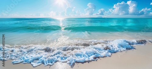 serene beach with crystal clear turquoise water and white sand under the bright blue sky © wanna