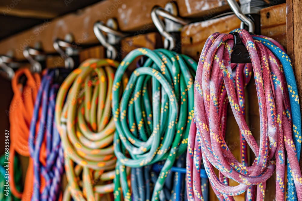 colorful climbing ropes coiled on storage hooks