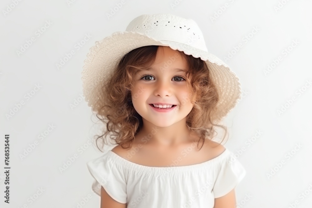 Portrait of a cute little girl in a white hat on a white background Portrait of a cute little girl in a white hat on a white background