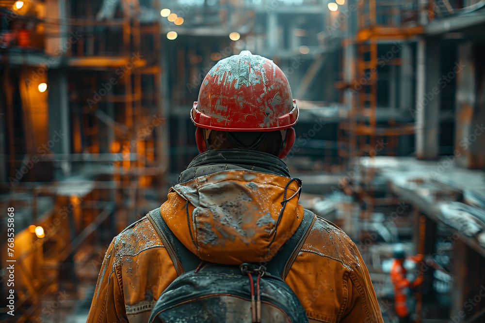 construction man wearing a hard hat and a jacket working in under construction building generative by ai