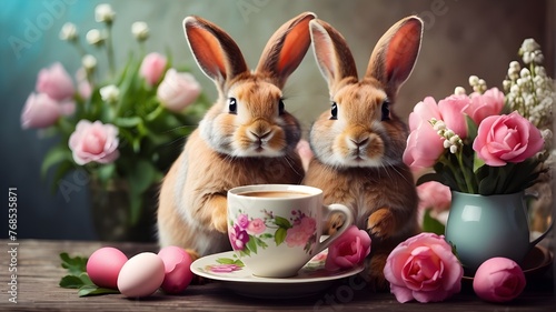 beautiful Easter rabbit with flowers, enjoying a cup of coffee.