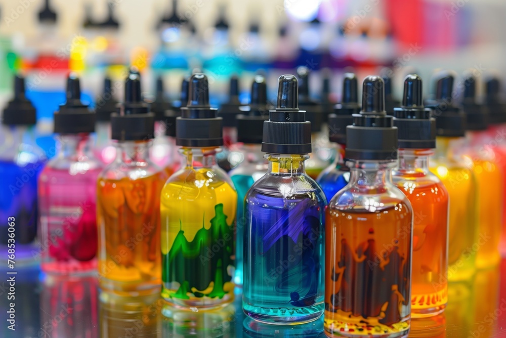 rows of colorful tattoo ink bottles rows of colorful tattoo ink bottles