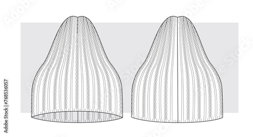 Knitted beanie hat with thin braids technical sketch. Vector illustration.