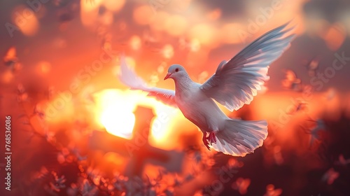 White Dove Flapping Wings Against Fiery Sunset Symbolizes Peace and Hope in Times of Strife © kiatipol