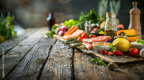 Five main food groups as recommended by nutritionists selection of wholesome ingredients spread out on a rustic wooden table.