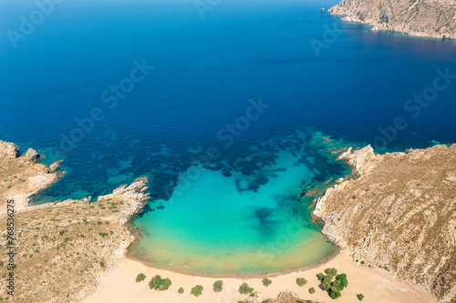 Psili Ammos Beach, Patmos Island, Kos, Dodecanese, Greece aerial drone view photo