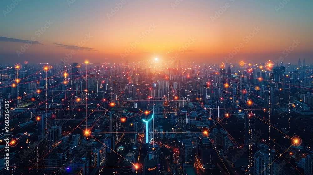 Fototapeta premium Global Connectivity: Network Hubs Illuminated at Dusk