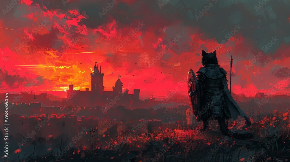 Knight Cat Defending the Castle: Visualize a cat in knight armor, holding a tiny shield and sword, with a castle silhouette in the background, against a dusk-colored pastel sky.