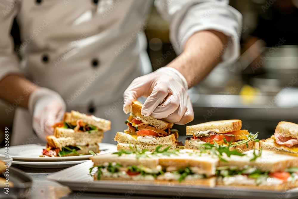 A person in a kitchen is placing a sandwich on a plate, focusing on food preparation and serving
