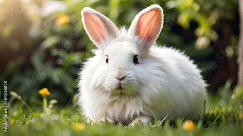 Adorable white rabbit with fluffy coat relaxing on a verdant backyard lawn. Adorable little rabbit strolling in a meadow in a lush garden on a beautiful, bright day. Easter wildlife and pets
