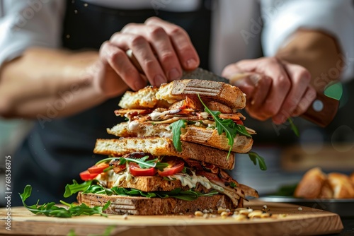 A side view of a chef cutting a sandwich on a cutting board