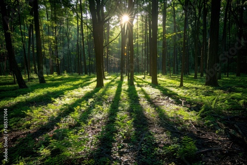 The sun shines through dense trees in a forest  creating a mesmerizing effect as the light filters through the leaves