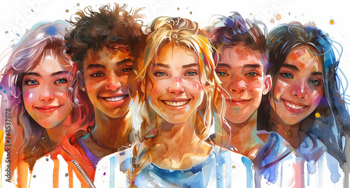 water color Young group of people smiling