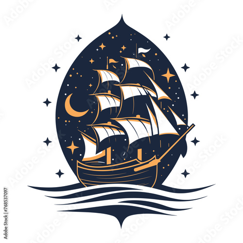 A flat vector logo featuring a mystical ancient sailing ship on a starry ocean, with the ship depicted prominently at the center.