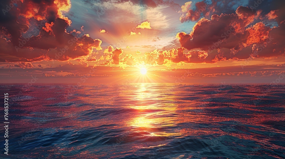 Glow: A sunset over a calm ocean, with the sun casting a warm glow over the water - obrazy, fototapety, plakaty 