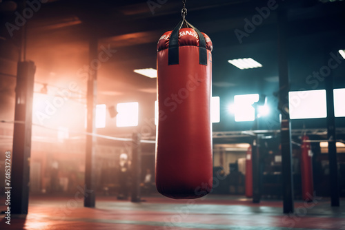 Red and Black Heavy Punching Bag in a Sunlit Boxing Gym, Training and Fight Preparation Concept, Empty Gym Anticipating Action © AspctStyle
