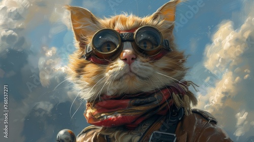 Pilot Cat in the Sky: cat with pilot goggles and a scarf, in the cockpit of a small plane, with clouds and the sky rendered in soft pastel blues and whites.