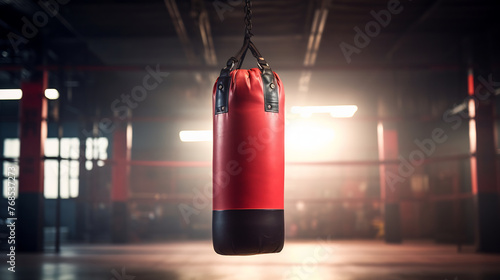 Red and Black Heavy Punching Bag in a Sunlit Boxing Gym, Training and Fight Preparation Concept, Empty Gym Anticipating Action © AspctStyle