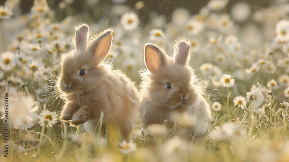 Adorable pair of fluffy bunnies nestled in a field of daisies, bathed in a soft, warm sunset light, conveying innocence and purity Adorable pair of fluffy bunnies nestled in a field of daisies, bathed in a soft, warm sunset light, conveying innocence and purity