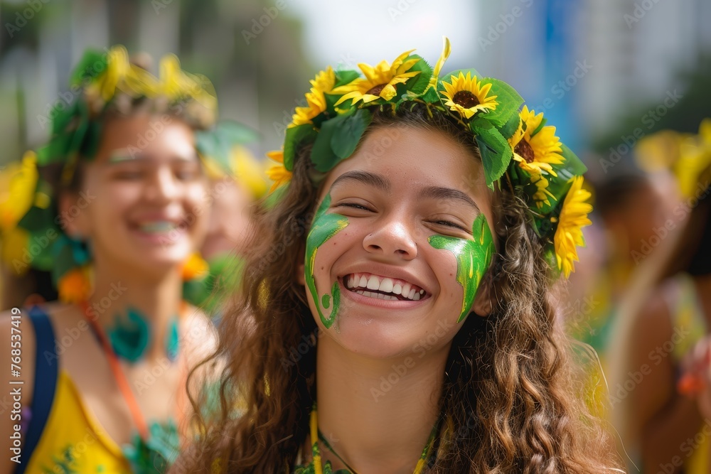 Obraz premium Joyful Girl with Sunflower Crown Celebrating Earth Day