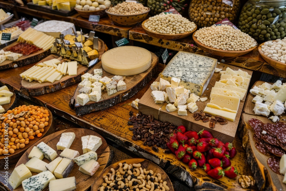 Various cheeses and nuts are on display in a market setting