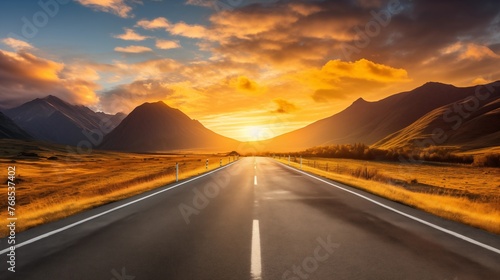 Breathtaking Sunset View on an Open Road Through Mountains