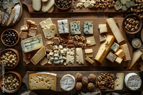 A variety of different types of cheese displayed on a table from a top-down perspective at a market