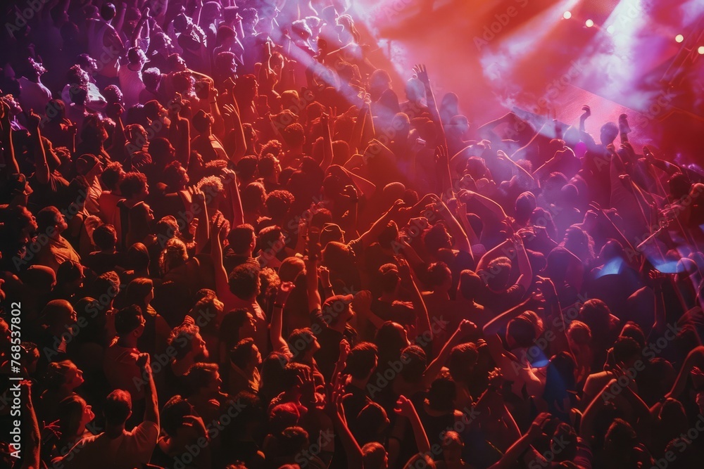 A top-down view of a massive crowd standing in front of a stage during a live event - obrazy, fototapety, plakaty 