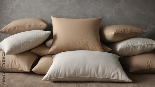 Many beige soft pillows. Bunch of comfort pillows