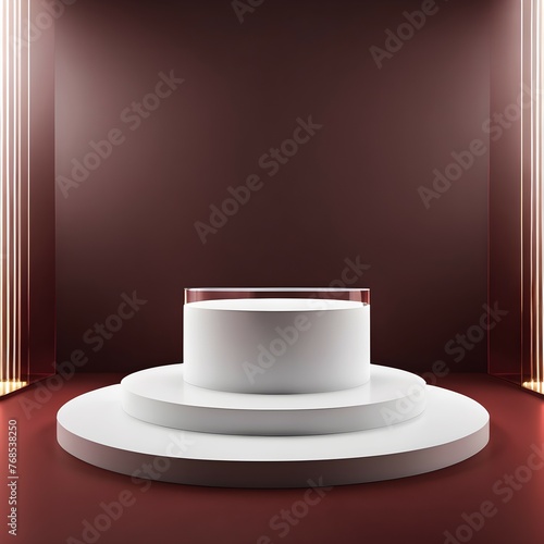 Elegant white podium for product presentation on burgundy background. Mockup for presentation.