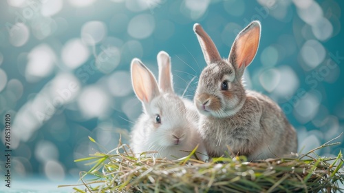 Two happy rabbits sitting on grass against a bokeh background