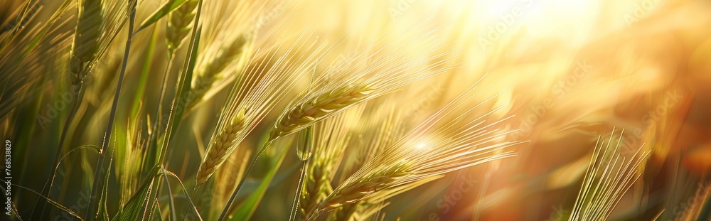 The sun shines on the green grass, with a closeup of tall ears of rice in spring and a panoramic view. Idyllic scene of nature, showcasing harmony between plants and sunlight The sun shines on the green grass, with a closeup of tall ears of rice in spring and a panoramic view. Idyllic scene of nature, showcasing harmony between plants and sunlight